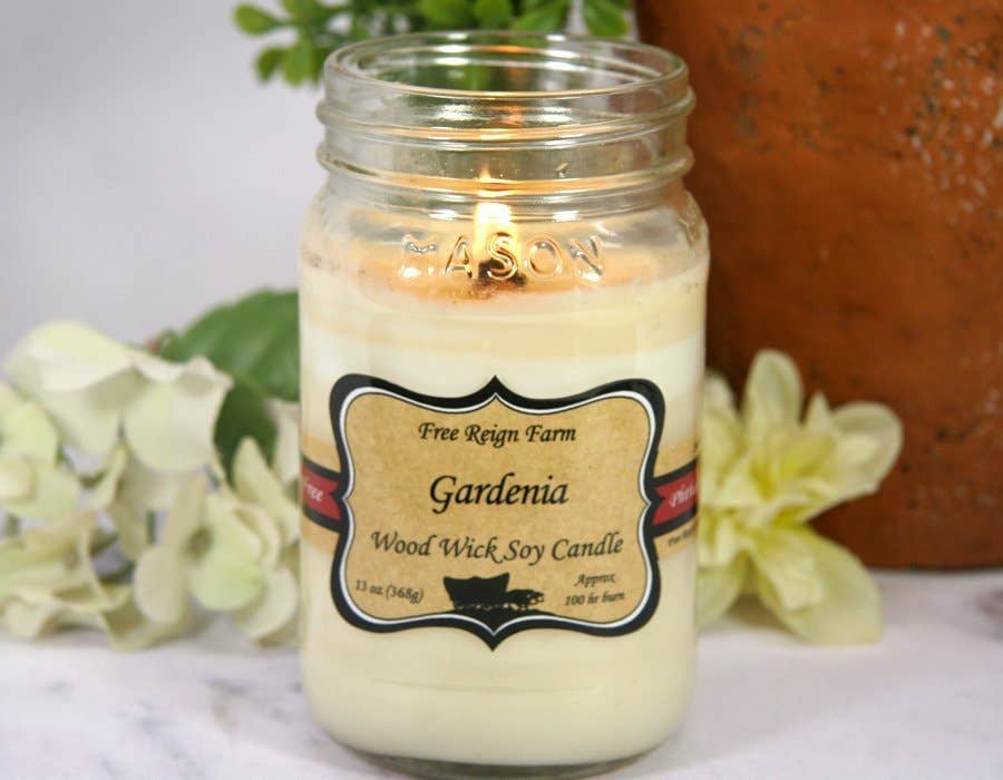 Free Reign Farm - Gardenia:  Wood Wick Candle (100% Soy & Phthalate Free)
