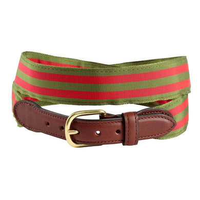 Olive & Red Grosgrain Ribbon Leather Tab Belt